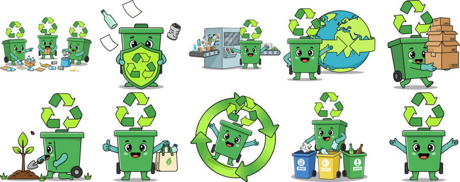 Recycling Bins with Faces, Cartoon Characters, Environmental Awareness