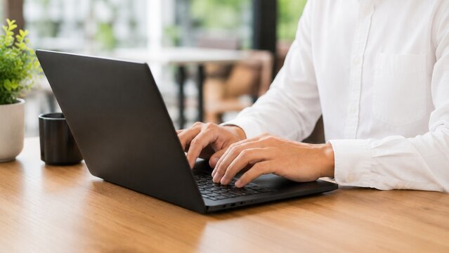 Close-up of a young professional typing on a laptop keyboard during a busy workday in a modern office.