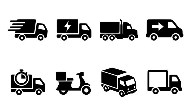 Delivery Truck and Logistics Icon Set Featuring Fast Shipping Electric Vehicle Cargo Van Scooter and Express Transit Symbols for E-commerce Websites