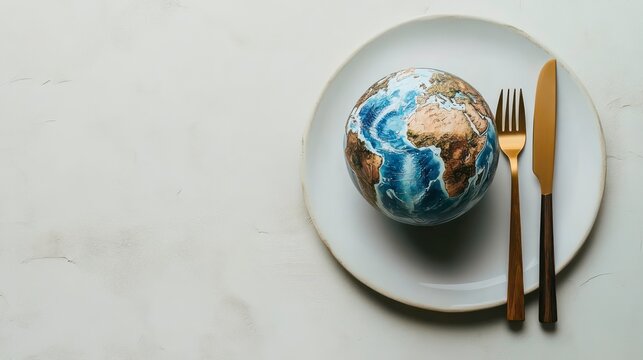 A globe sits on a plate with a fork and knife, representing the Earth as a resource to be consumed.