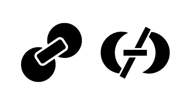 Minimal black silhouette icon, simple flat vector, bold black shape, no, no shading link and unlink icons set, connection and disconnection symbols on a, flat icon style