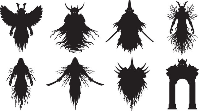 Collection of Eight Dark Fantasy Character Silhouettes Including a Winged Warrior, Horned Demons, Hooded Wraiths with Swords, and a Demonic Archway Isolated on a White Background