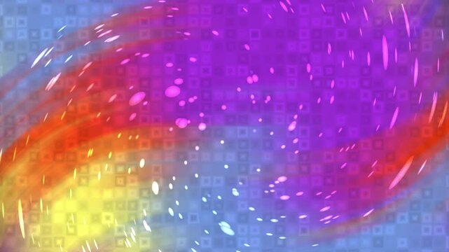 Vibrant abstract background with purple and orange light swirls on a pixelated texture.