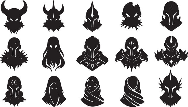 Collection of 15 black fantasy character silhouettes featuring armored knights, hooded rogues, horned warriors, and dark mages isolated on a white background for game design.
