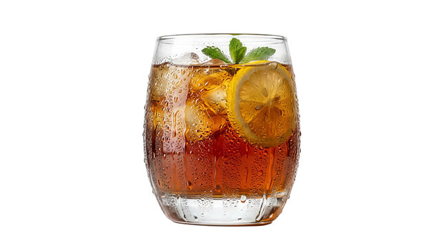 Refreshing chilled iced tea with lemon, mint, ice, and condensation