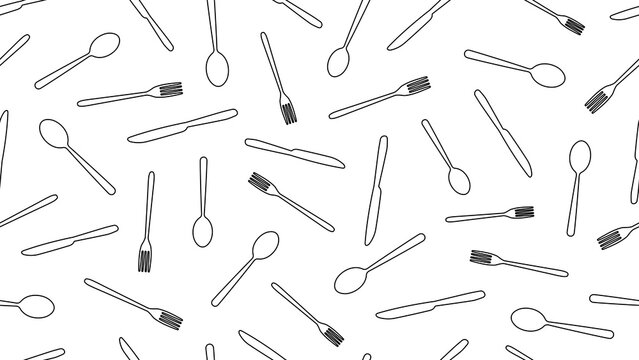 Seamless vector pattern featuring forks, knives, and spoons in clean outline stroke style on a transparent background for restaurants, food packaging, and kitchen designs. Cutlery pattern background.