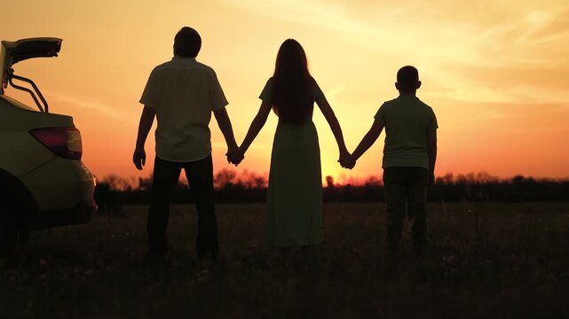 Happy family car trip, child parents picnic outdoors holiday, mother father kid raise hands up, people having fun, child day summer, fields of joy, family bonding time, simple life pleasures, breezy