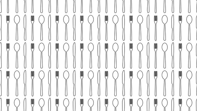 Seamless pattern featuring fork, knife, and spoon in clean stroke outline style on a transparent background for kitchen themes, restaurants, food branding, and packaging. Cutlery pattern background.