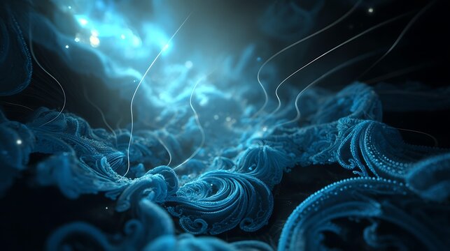 layered visual depth, foggy atmosphere, high color saturation, organic flowing shapes, featuring delicate lace embroidery, triadic color harmony, octane render quality, illuminated by dramatic