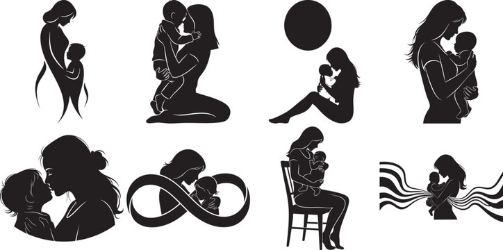Mother And Baby Silhouette Set Against A White Background