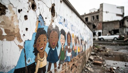 Fototapeta premium Cracked and Peeling Mural of Diverse Children Playing on a Dilapidated Urban Wall