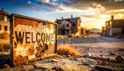 Obraz premium Cracked and Peeling Welcome Sign at Abandoned Desert Homestead at Sunset