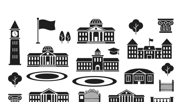 University college campus architecture vector flat black silhouette icon set with academy government building clock tower school gate