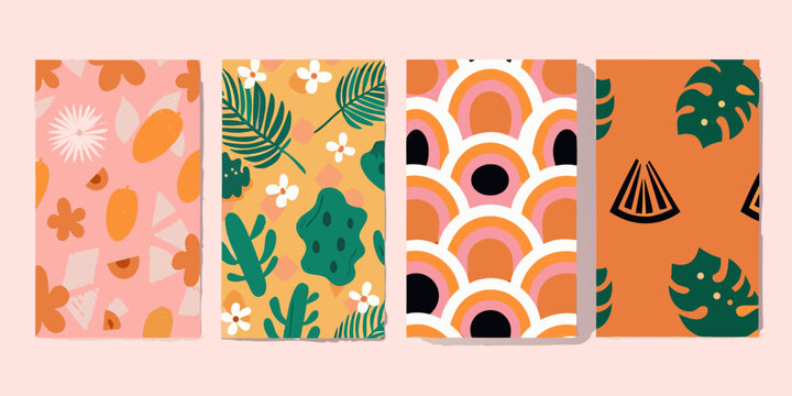 Four colorful abstract patterns with botanical and geometric elements