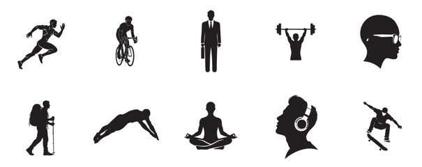 Obraz premium Black silhouette icons showing various sports fitness and lifestyle activities with silhouette