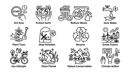 Obraz premium Climate Action Icon Set Eco Friendly Solutions Black Outline Vector Illustrations with Labels