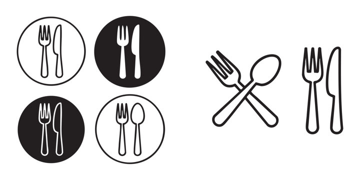 Flat tableware icons featuring fork spoon and knife combinations for restaurant menu and dish labels.