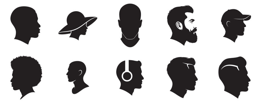 Set of male head silhouettes including various hairstyles beards and accessory options with isolated