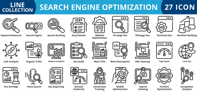 Search engine optimization icon set outline style icon set collection vector illustration