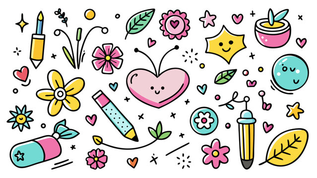 Set of cute pen line doodle element vector. Hand drawn doodle style collection of heart, arrows, scribble, flower, star, butterfly, bee, words. Design for print, cartoon, card, decoration, sticker .ve