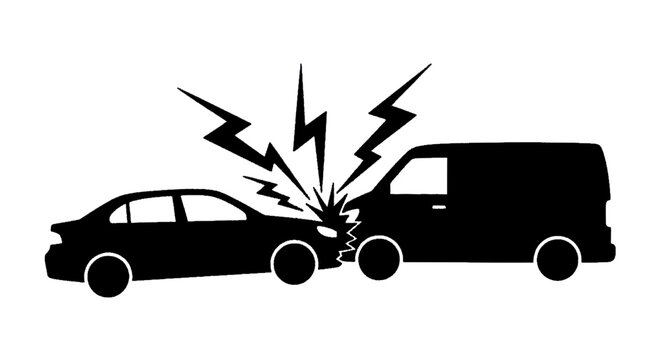 Minimal black silhouette icon, simple flat vector, bold black shape, no, no shading silhouette of a car accident between a sedan and a van on a, flat icon style