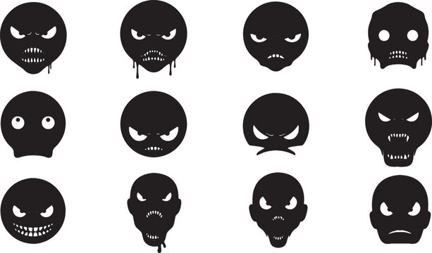 Collection of twelve creepy black monster and alien head silhouettes featuring sharp teeth, angry eyes, dripping liquid effects, and diverse ghoul expressions isolated on white.