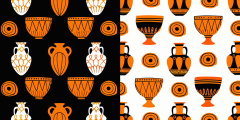 ancient greek pottery pattern with orange vessels on black and white backgrounds © Tapan