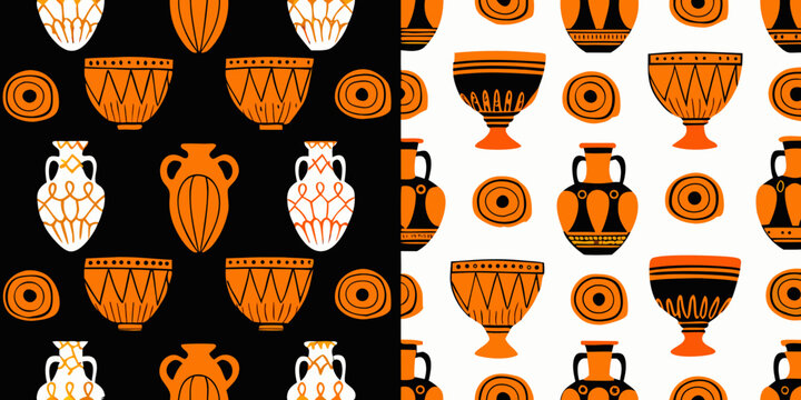 ancient greek pottery pattern with orange vessels on black and white backgrounds
