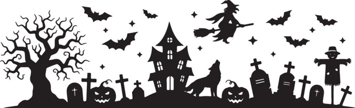 Panoramic Halloween silhouette featuring a haunted house, flying witch on broomstick, bats, spooky dead tree, jack-o-lanterns, cemetery gravestones, scarecrow, and a howling wolf.