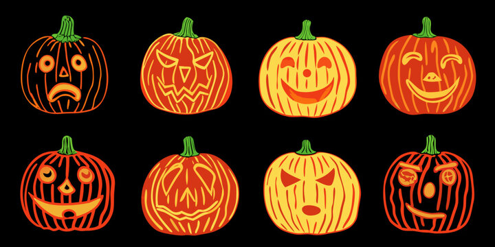eight jack o lanterns with different carved faces vector illustration