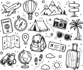 Set of hand drawn travel and tourism icons and doodle elements with vacation
