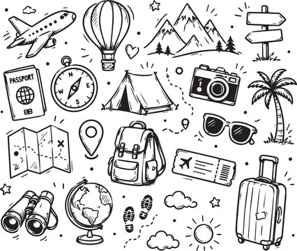 Set of hand drawn travel and tourism icons and doodle elements with vacation