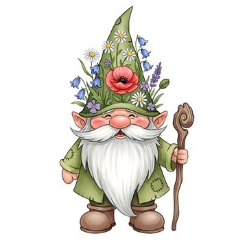 Whimsical garden gnome statue with colorful hat and flowers.