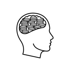 Obraz premium Black and white line drawing of human head profile with brain.