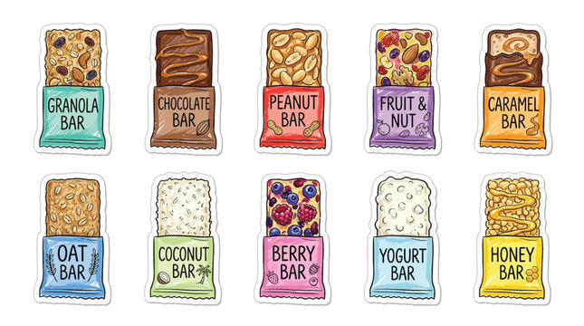 Collection of delicious and healthy snack bars with various flavors and ingredients, including granola, chocolate, peanut, fruit, nut, caramel, oat, coconut, berry, yogurt, and honey.