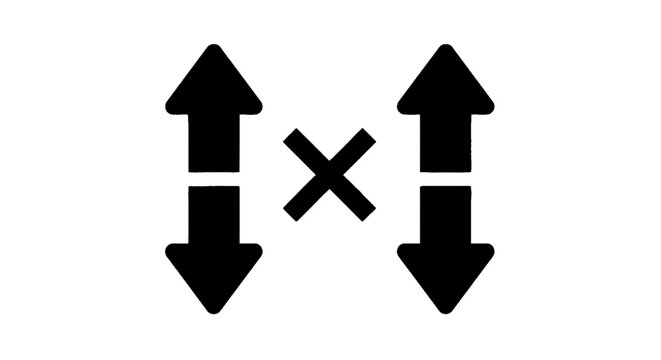 Minimal black silhouette icon, simple flat vector, bold black shape, no, no shading vertical bidirectional arrows icon with multiplication sign on a, flat icon style