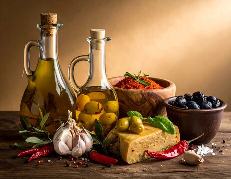 A rustic still life featuring bottles, olives, cheese, and spices on a wooden table