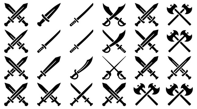 Collection of silhouette icons representing various medieval swords, sabers, and axes, perfect for historical games and design projects