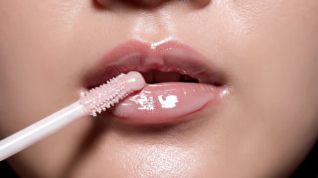 Close up of woman applying glossy pink lip gloss with applicator