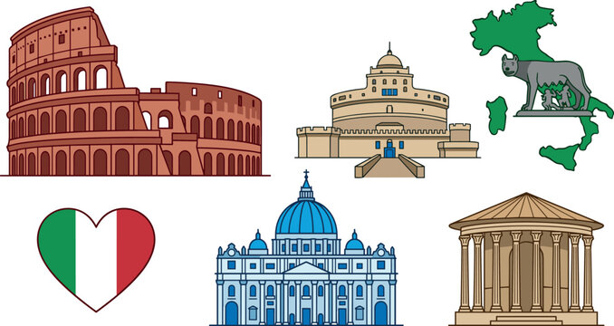 Italy and Rome Famous Landmarks Vector Illustration Set Featuring Colosseum, St Peters Basilica, Castel Sant Angelo, Temple, and Italian Cultural Symbols