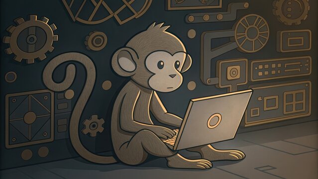 Illustration of a monkey using a laptop surrounded by gears and circuit board elements, symbolizing technology and innovation.
