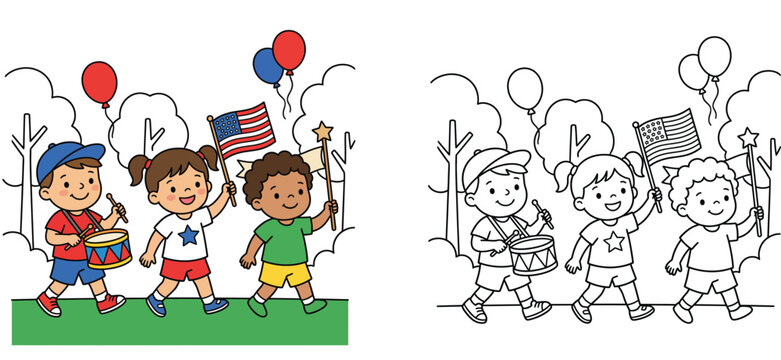 Patriotic children marching in a 4th of July parade with American flag and drum, vector illustration set with a colored version and a black and white coloring page.