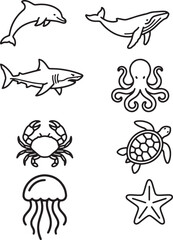 Obraz premium Black and White Line Art Sea Creatures Collection on White Background