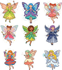 Obraz premium Colorful hand-drawn fairies flying in whimsical fantasy illustration with wings and dresses