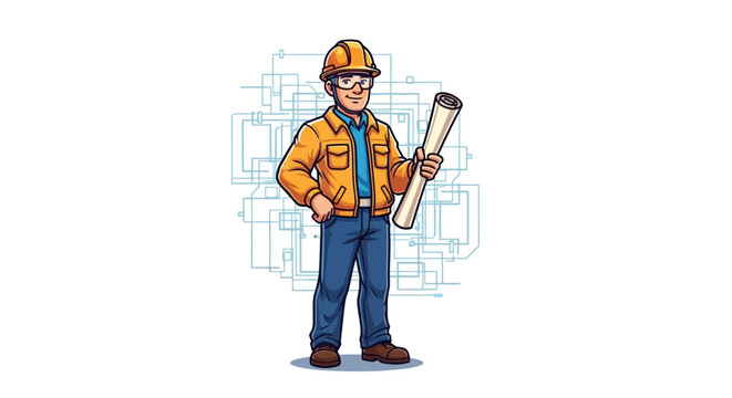A cheerful male engineer in a hard hat and work jacket stands confidently holding rolled blueprints, with a complex schematic diagram in the background, conveying a sense of planning