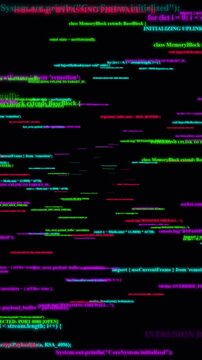 Computer Programming Code Scrolling on Black Screen with Glitch Effect for Cyber Security and Software Development Background