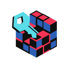 Fototapeta premium Blockchain security concept with isometric cube and key vector illustration, data encryption, cryptocurrency mining and cyber protection concept.