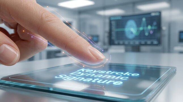 Finger analyzing keystroke dynamic signature on futuristic digital screen