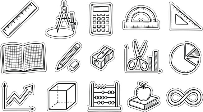 Mathematics and Education Doodle Sticker Icon Set Featuring Ruler Calculator Compass Notebook Geometry Shapes and School Supply Elements Vector Design