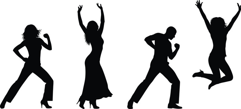 Dancing People Silhouette Collection with Energetic Male and Female Party Celebration Poses Vector Set